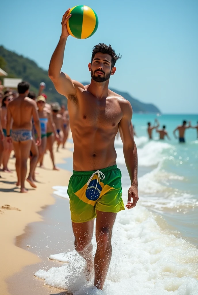 A handsome 27-year-old tall white young man in a men's fashion show on the beach shore wearing a green, yellow and blue Brazilian swimsuit with a beach ball in his hand. Many people applaud him and bubbles are around him. Tight boxer shorts in the colors of the Brazilian flag. Unshaved, white, tall with black hair flaquito 