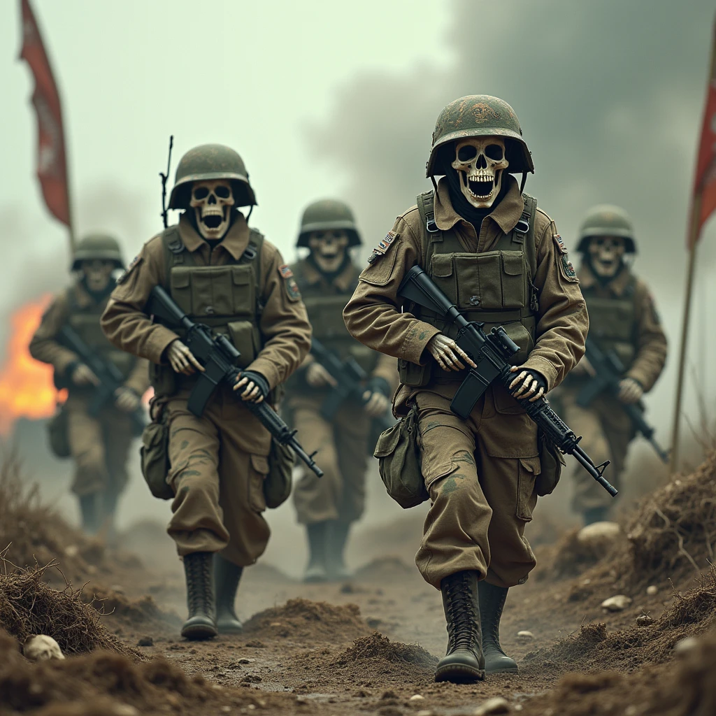 skullish/skeletons armed with vests and helmets, camouflaged uniforms, war scenario/helicopter destruction