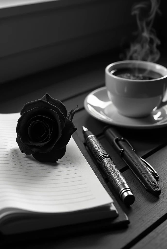 a notebook which have a pen on site and a black rose lie down on the note book and there will be a cup of coffee. the scenario will look like a writers table and the photo will be on black and white. make the photo landscape