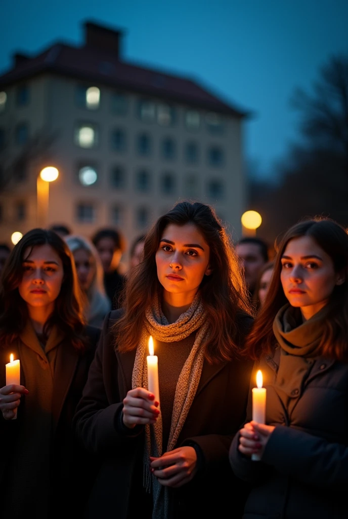 Many women are standing on a street with candles in their hands. There is a hospital in front of them.
