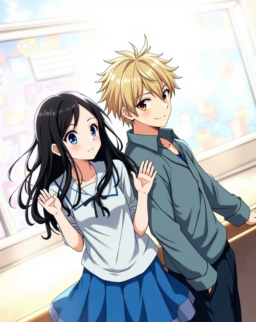 Adult Guy with Short Blonde Hair, Beautiful face, Brown eyes, Beautiful inflated body, leaned against an adult girl with long black hair, blue eyes, Beautiful face, smiles slightly, realistically, masterpiece, Best quality, detailing, anime art, фотоrealistically