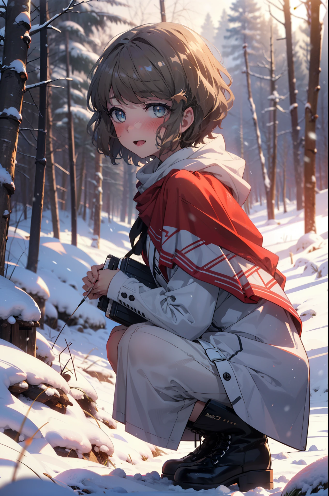 tomoekoga, Chie Koga, short hair, Brown Hair, blue eyes, hair band,smile,blush,white breath,Center of chest,
Open your mouth,snow,Ground bonfire, Outdoor, boots, snowing, From the side, wood, suitcase, Cape, Blurred, having meal, forest, White handbag, nature, Squat, Mouth closed, Cape, winter, Written boundary depth, Black shoes, red Cape break looking at viewer, Upper Body, whole body, break Outdoor, forest, nature, break (masterpiece:1.2), Highest quality, High resolution, unity 8k wallpaper, (shape:0.8), (Beautiful and beautiful eyes:1.6), Highly detailed face, Perfect lighting, Highly detailed CG, (Perfect hands, Perfect Anatomy),