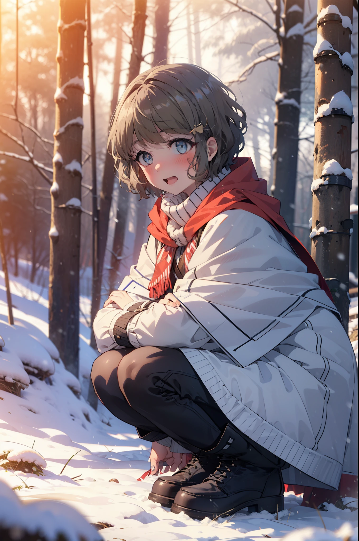 tomoekoga, Chie Koga, short hair, Brown Hair, blue eyes, hair band,smile,blush,white breath,Center of chest,
Open your mouth,snow,Ground bonfire, Outdoor, boots, snowing, From the side, wood, suitcase, Cape, Blurred, having meal, forest, White handbag, nature,  Squat, Mouth closed, Cape, winter, Written boundary depth, Black shoes, red Cape break looking at viewer, Upper Body, whole body, break Outdoor, forest, nature, break (masterpiece:1.2), Highest quality, High resolution, unity 8k wallpaper, (shape:0.8), (Beautiful and beautiful eyes:1.6), Highly detailed face, Perfect lighting, Highly detailed CG, (Perfect hands, Perfect Anatomy),
