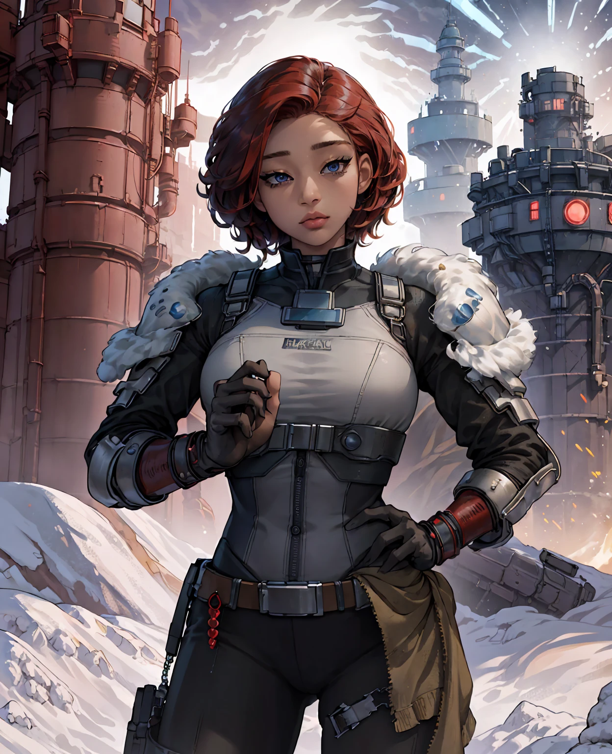 Amandla as Tomboy, short black hair with red tips, engineer, frozen ruins apocalypse, 1girl, beautiful detailed eyes, beautiful detailed lips, extremely detailed eyes and face, long eyelashes, detailed facial features, beautiful woman, mechanical engineering, futuristic, dystopian, desolate, frozen wasteland, icy ruins, post-apocalyptic, dark atmosphere, dramatic lighting, moody colors, cinematic, (best quality,4k,8k,highres,masterpiece:1.2),ultra-detailed,(realistic,photorealistic,photo-realistic:1.37),HDR,UHD,studio lighting,ultra-fine painting,sharp focus,physically-based rendering,extreme detail description,professional,vivid colors,bokeh
