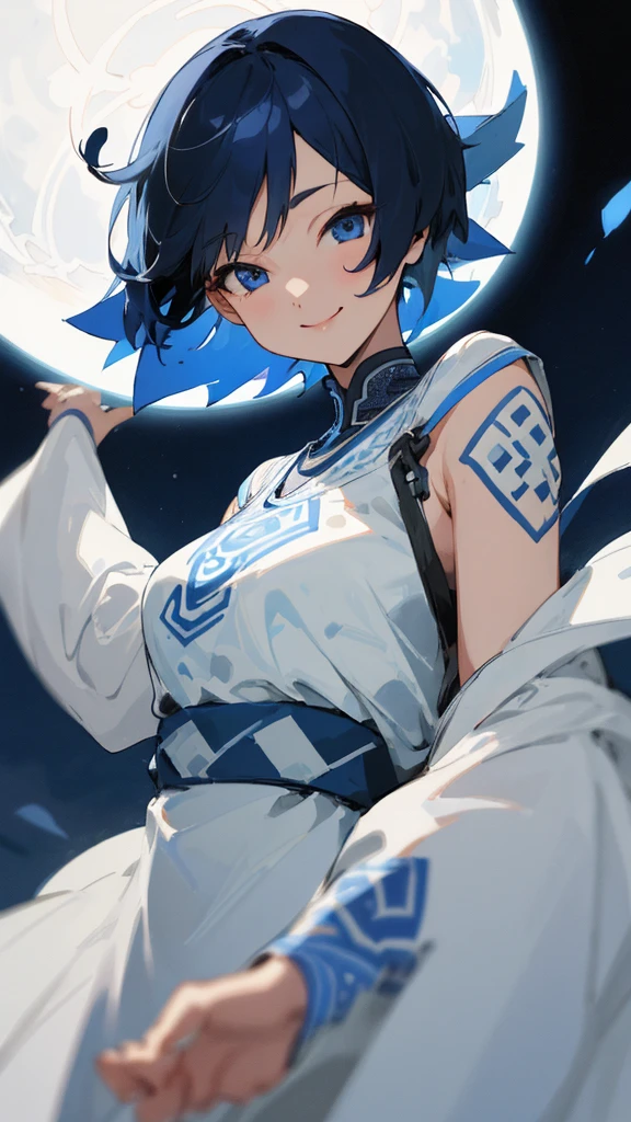 1 Female、solo、short hair、Dark blue hair、blue eyes、smile、Upper body close-up、White dress with ethnic pattern、Line art、Park under the moonlight、Background Blur