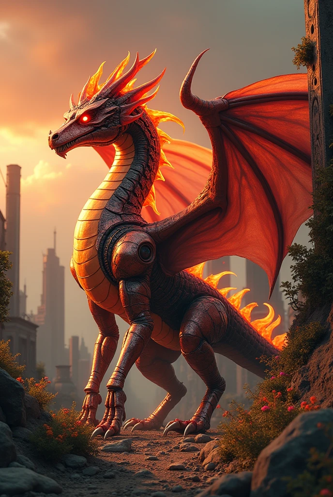 Fire dragon glossy cyborg standing in a post apocalypse world
