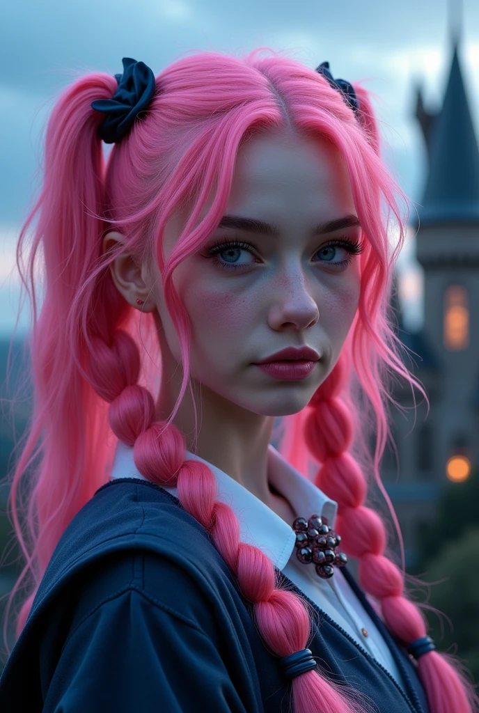 18 year old woman, sexy,Hot, pink hair,pink eyes, thick lips, with freckles, Ravenclaw, two half pigtails