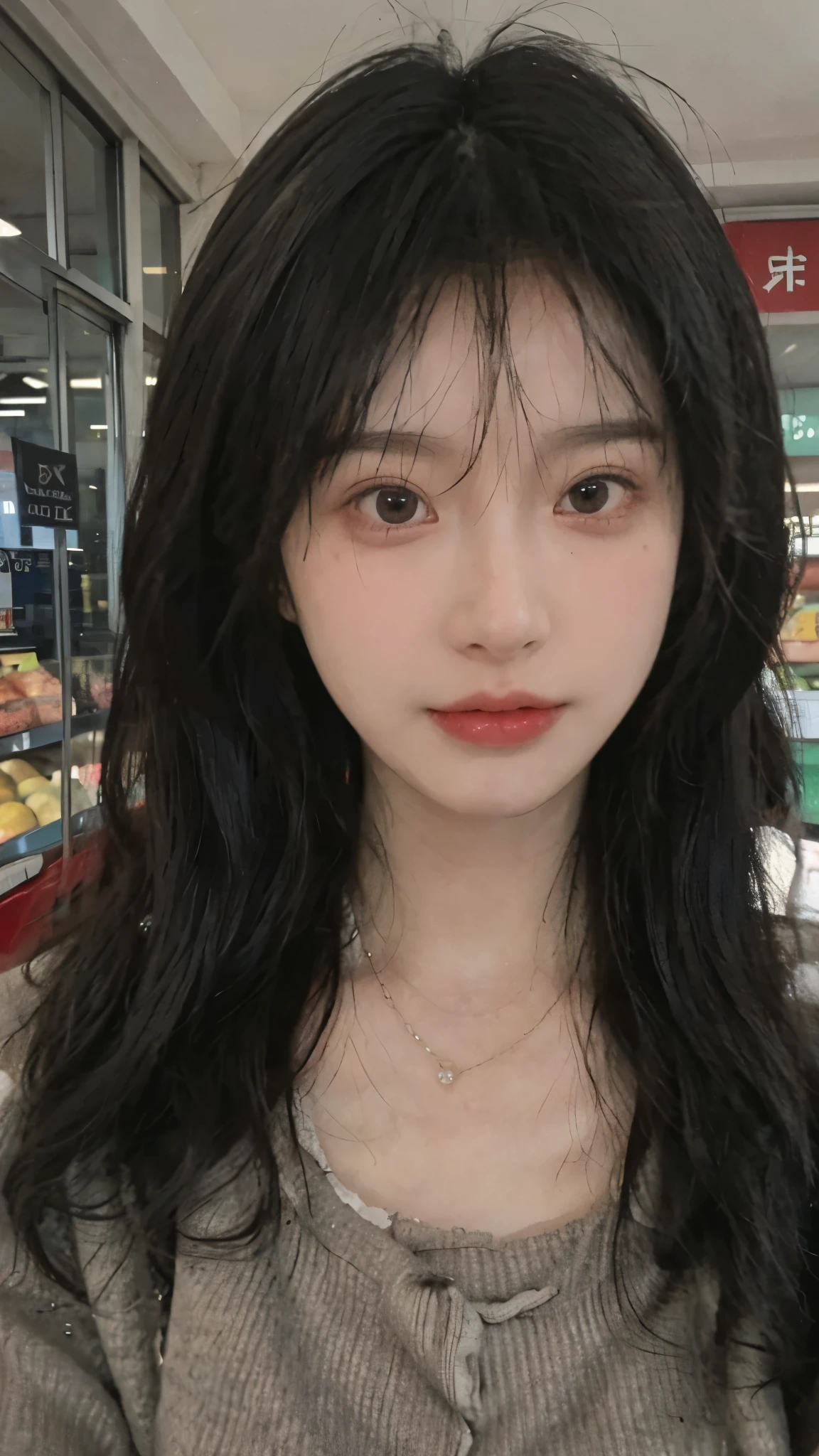 Best quality,Ultra-high resolution,(Realism:1.4),Cute hairpins,girll,Cropped black sweater,Look directly at the audience,Full of atmosphere,Beautiful woman with a slim figure:1.4,supermarket,whole body,Super delicate face,Exquisite eyes,Double eyelids,necklace