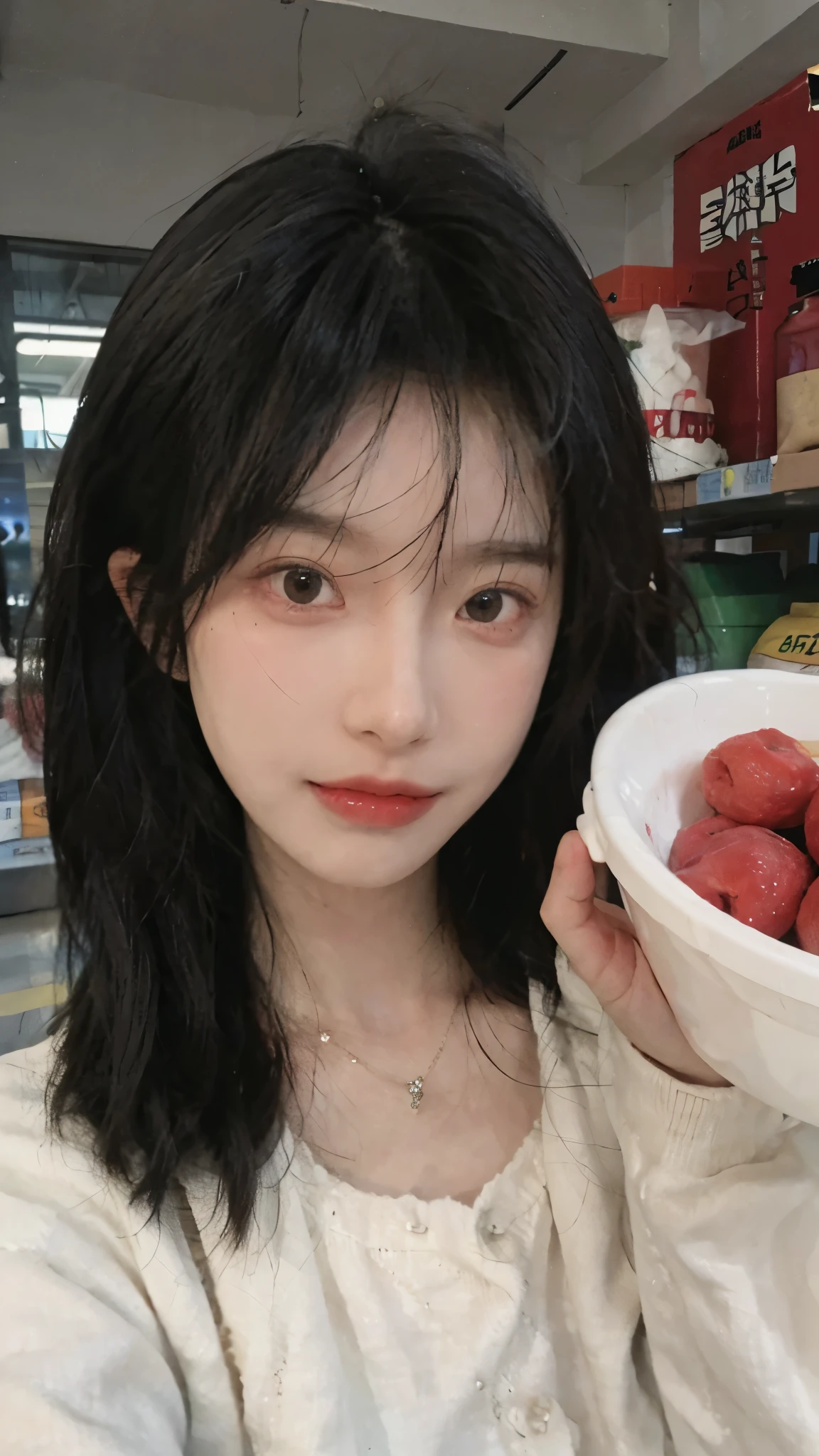 Best quality，Ultra-high resolution,(Realism:1.4)，Cute hairpins，girll,Cropped black sweater，Look directly at the audience，Full of atmosphere，Beautiful woman with a slim figure:1.4，supermarket，whole body，Super delicate face，Exquisite eyes，Double eyelids，necklace