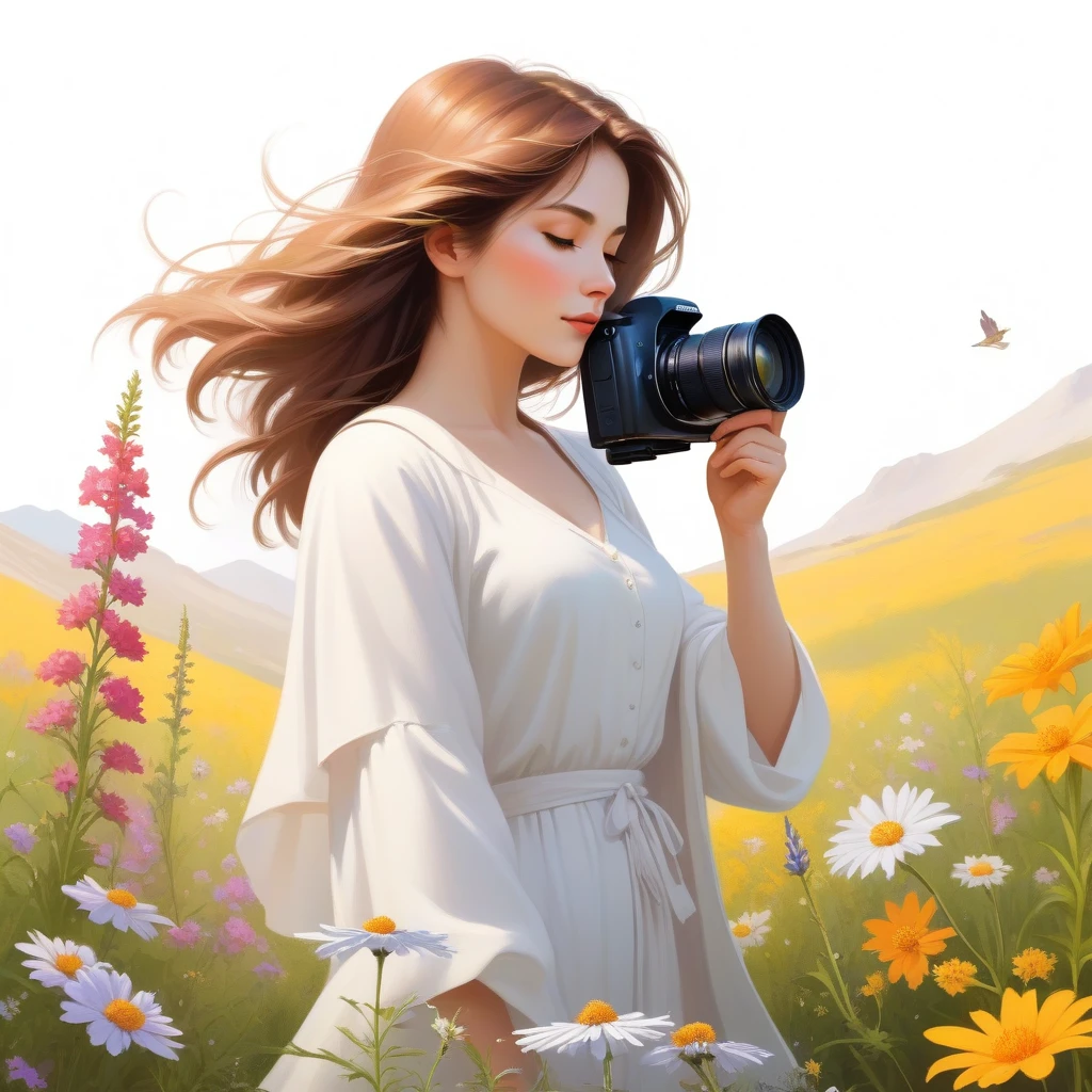 A logo of woman stands amidst blooming wildflowers, montaim, her digital camera poised to capture their beauty, all set against a clean white backdrop in this serene illustration.