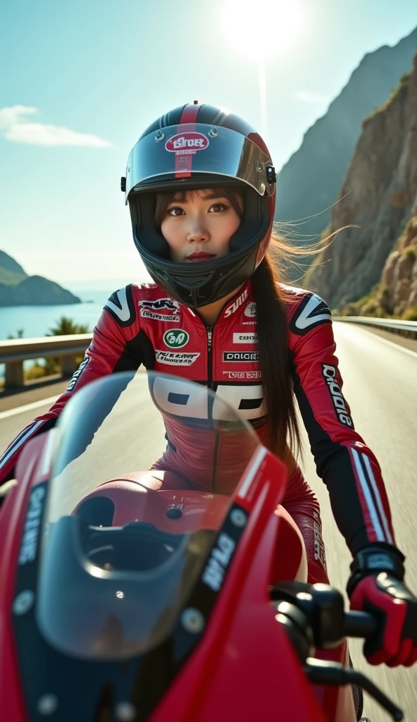 very beautiful Japanese idol, riding a sports motorcycle at scenic driving road, amazing view of mountain and sea with island, shining sun, dramatic scene, masterpiece, clear helmet visor, beautiful eyes, honda bike, Shoei helmet, (wearing motorcycle racer's outfits), (face focus:1.3)