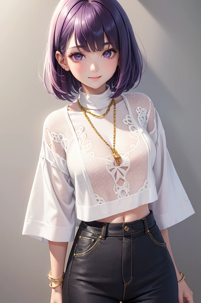 Best Quality,High resolution,8k,(plain white background, no patterns, no textures, just a plain white background:1.3),Masterpiece:1.2),beautiful girl,focus face,Shiny purple hair,(bob cut:1.2),Beautiful purple eyes,A cute and youthful girl with purple bob-cut hair wearing a trendy summer outfit based on 2024 trends. She is dressed in an oversized pair of checkered long pants with a relaxed fit, not denim, paired with a cropped, short-sleeved black T-shirt that shows a bit of her midriff. She accessorizes with a stylish gold necklace and matching bracelet, adding a touch of elegance to her fresh and casual look,Gentle look,A refreshing look,smile,Best quality,Best Quality,Aesthetic and aesthetic:1.2,Best details((Super detailed))(High-definition CG illustrations),Slender body,smile,blush,cute,Scrounge,Looking up,Being spoiled,super model,focus face
