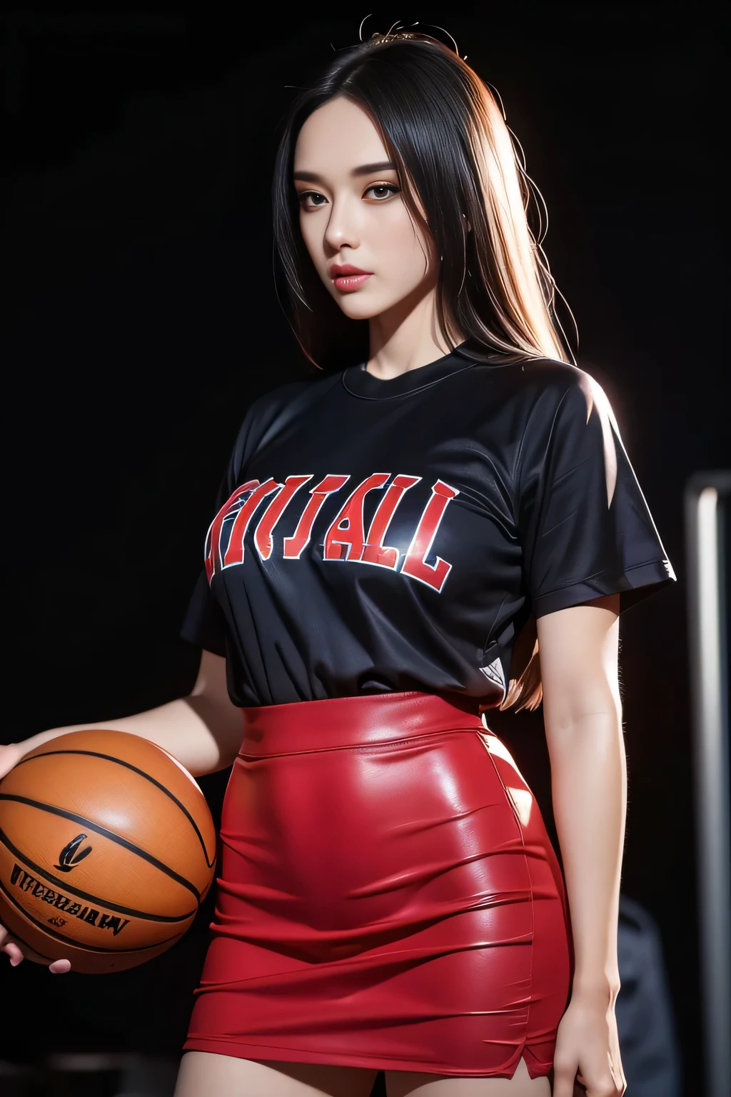 1 girl standing, wearing sexy basketball shirt, miniskirt, extremely detailed, photorealistic, holding basketball, 27 years old, long hair, beautiful detailed eyes, beautiful detailed lips, cinematic lighting, 8k, high quality, realistic skin texture, dynamic pose, breathtaking, cinematic composition, dramatic shadows, vivid colors, masterpiece