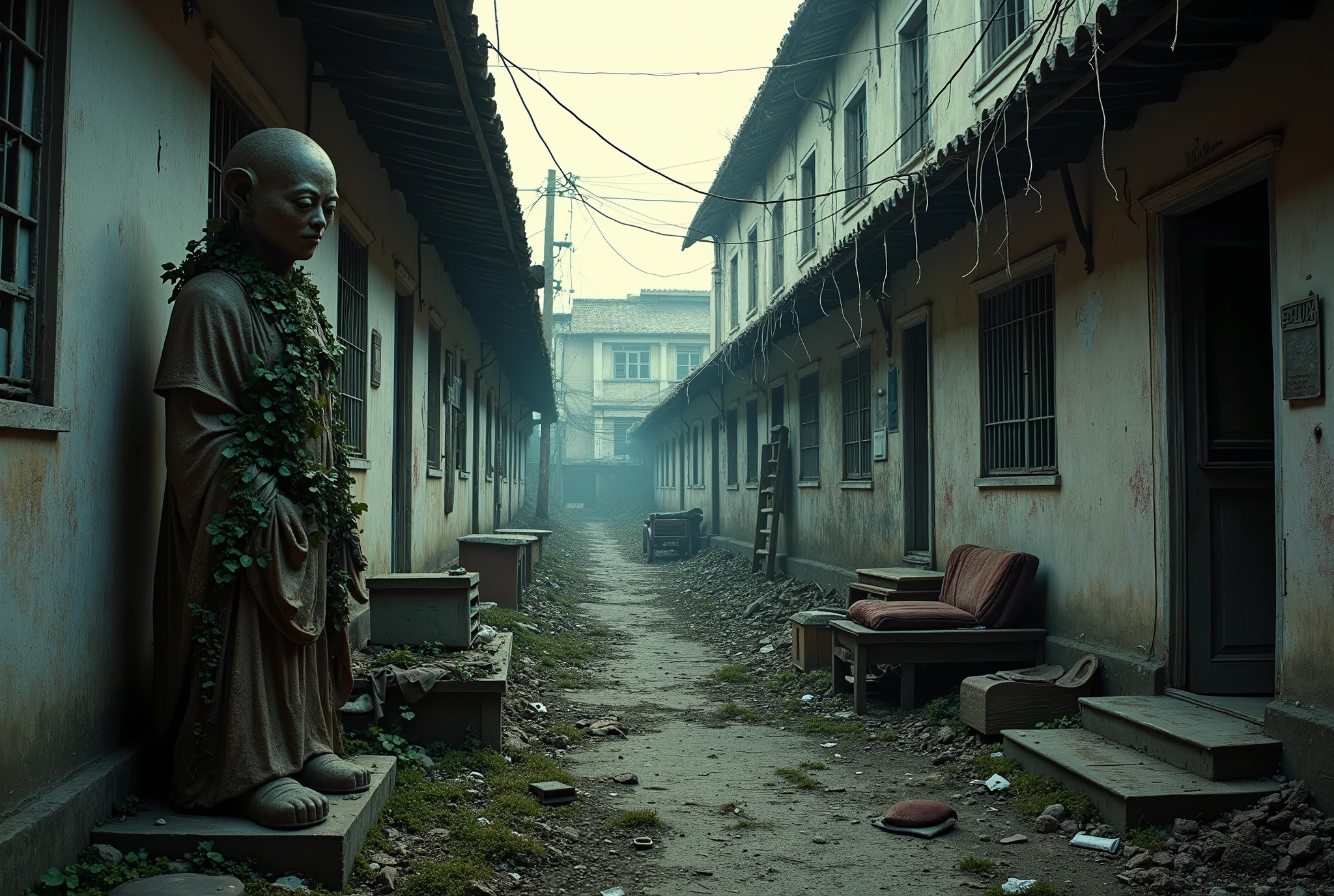 an abandoned house, rubbish everywhere, a weird statue , gloomy, in 1980s China,abandoned street, evening, China