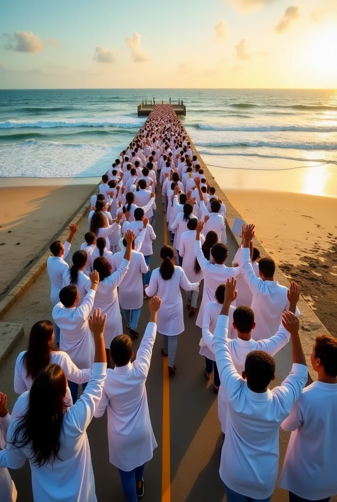 a human chain connecting from one road to another near the beach like a rally by doctors protesting their hands up
in Puducherry India ,justice for the women doctor R G Kar Hospital