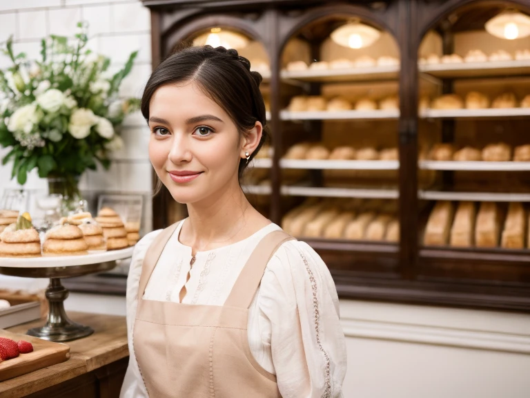 best quality, full body portrait, delicate face, pretty face,slim figure,OL, instagram photo, 40 year old, breathtakingly korean woman, eyes sparkling with joy, she stands at a vintage bakery shop, side dutch pose, ((turn towards right side)), (masterpiece), (1 woman), preppy model, feminine, (cute face), (incredibly beautiful body), top-quality, ​masterpiece, high resolution, Photorealistic, highly detailed, true to life, detailed eyes, detailed beautiful skin at ears, (no earrings), life-like detailed beautiful brown eyes, ((styled loose Updo hair, long black brown relaxed hair)), (((hair tucked behind ears))), extremely detailed skin, slight skin blemish, moist nude lips, (exceptional delicate perfect ears), hyper realistic, big dark brown eyes, sincere, confident, mesmerizing eyes,(double eyelid), (realistic face), ((fresh dewy healthy skin texture)),nice teeth, (moist lips)), light natural makeup, translucent white skin, realistic eyes, round iris black pupils, sparkly eyes, beautiful ear skin texture, (realistic skin), attractive, ultra high resolution, extremely realistic, wearing a feminine romantic cottage apron white dress long sleeves, intricate detailed blend of linen cotton fabric and lace detailed stitching delicate frill dress embroidered on the chest, a thin velvet ribbon neck princess bow, pleated at waist mid-length a-line skirt, beige brown colors fashionable feminine waitress by Max Mara Ready-to-Wear dress, very detailed, golden ratio, graceful, (no jewelry), bare nude skin at neck, (nude ears), sharp focus face side body, no earrings,effortlessly,serene eyes, natural morning daylight, Realistic,sharp focus,(intricate:1.03), Hyper Real, background: a french bakery shop, detailed french fruit pastries and sweet strawberry raspberry cakes,Victorian door,extremely delicate and beautiful, Raw photography, mood is a crisp morning serene nostalgic bakery interior design, depth of field, ((((8k wallpaper))),16k,  