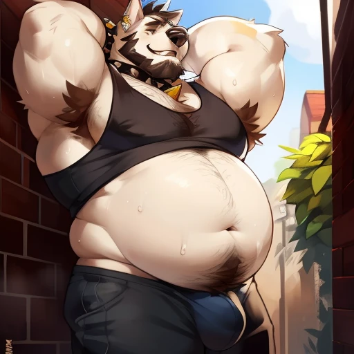 Solo, male, closeup view of crotch, detailed bulge, a bit of chubby belly is visible, sweat, sweaty, steam, steamy, alleyway, plants, by mystikfox61, by glitter trap boy, by darkgem, muscular, body hair, very hairy, dilf, beard, piercings, spike collar, spike arm bands, white fur, black tank top, black pants, one arm behind head, armpit hair