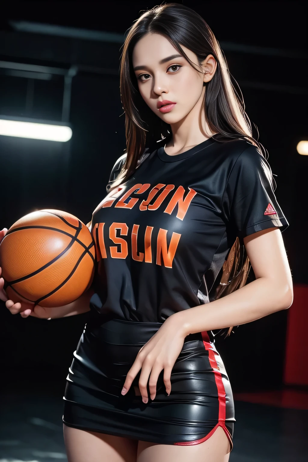 1 girl standing, wearing sexy basketball shirt, miniskirt, extremely detailed, photorealistic, holding basketball, 27 years old, long hair, beautiful detailed eyes, beautiful detailed lips, cinematic lighting, 8k, high quality, realistic skin texture, dynamic pose, breathtaking, cinematic composition, dramatic shadows, vivid colors, masterpiece