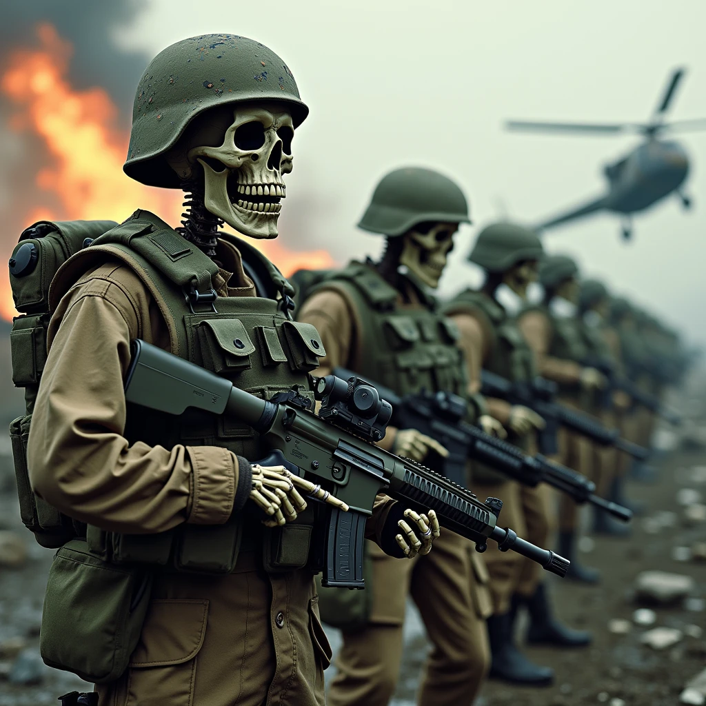 skullish/skeletons armed with vests and helmets, camouflaged uniforms, war scenario/helicopter destruction