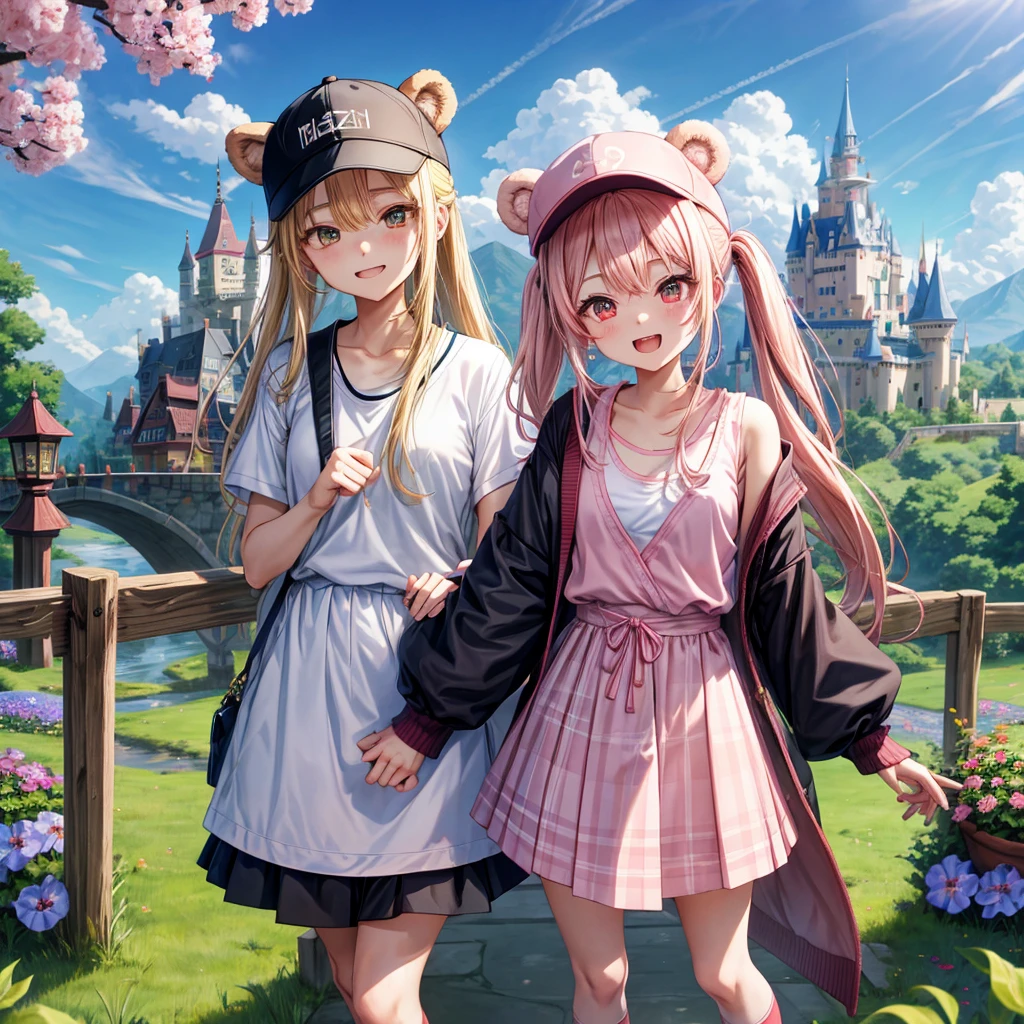 Pink Blonde、Red eyes、Hair tied up、Two cute、Checked mini skirt、black t-shirts、cardigan、Knee-high socks、bear ears baseball cap、Teeth are visible、Monster Castle、Tilting face、crossing the bridge、hazakura、windmill、grass、Stones are growing out of the ground.、impregnable、A teddy bear is walking、Morning glory is blooming.