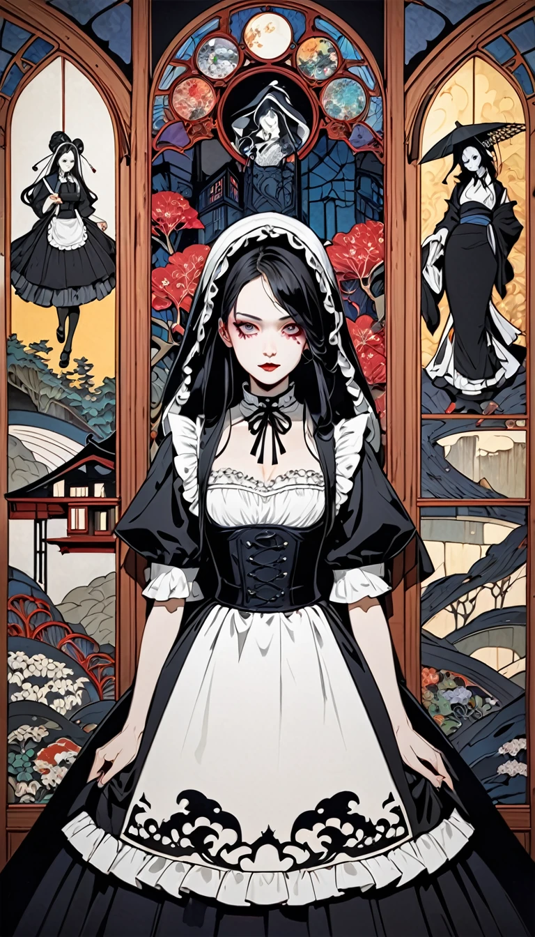 fusion of watercolors and oil paintings, fusion of paper cutting and shadow puppetry, mix of Japanese painting, ukiyo-e and woodblock prints, mix of monochrome and color, beautiful maid, the most luxurious, gorgeous, beautiful and wonderful maid outfit with lace frills, long ruffle skirt, robe, hood, Gothic, Romanesque, Baroque, Renaissance, Rococo, Art Nouveau, Northern Renaissance style, dark fantasy, cursed grim reaper maid with downcast face, hell's mansion, stained glass, horror effects, conceptual installation art, (ultra detailed, absolutely resolution, best quality:1.3), 2.5D, delicate and dynamic, artistic, hyper, graphic CG digital art
