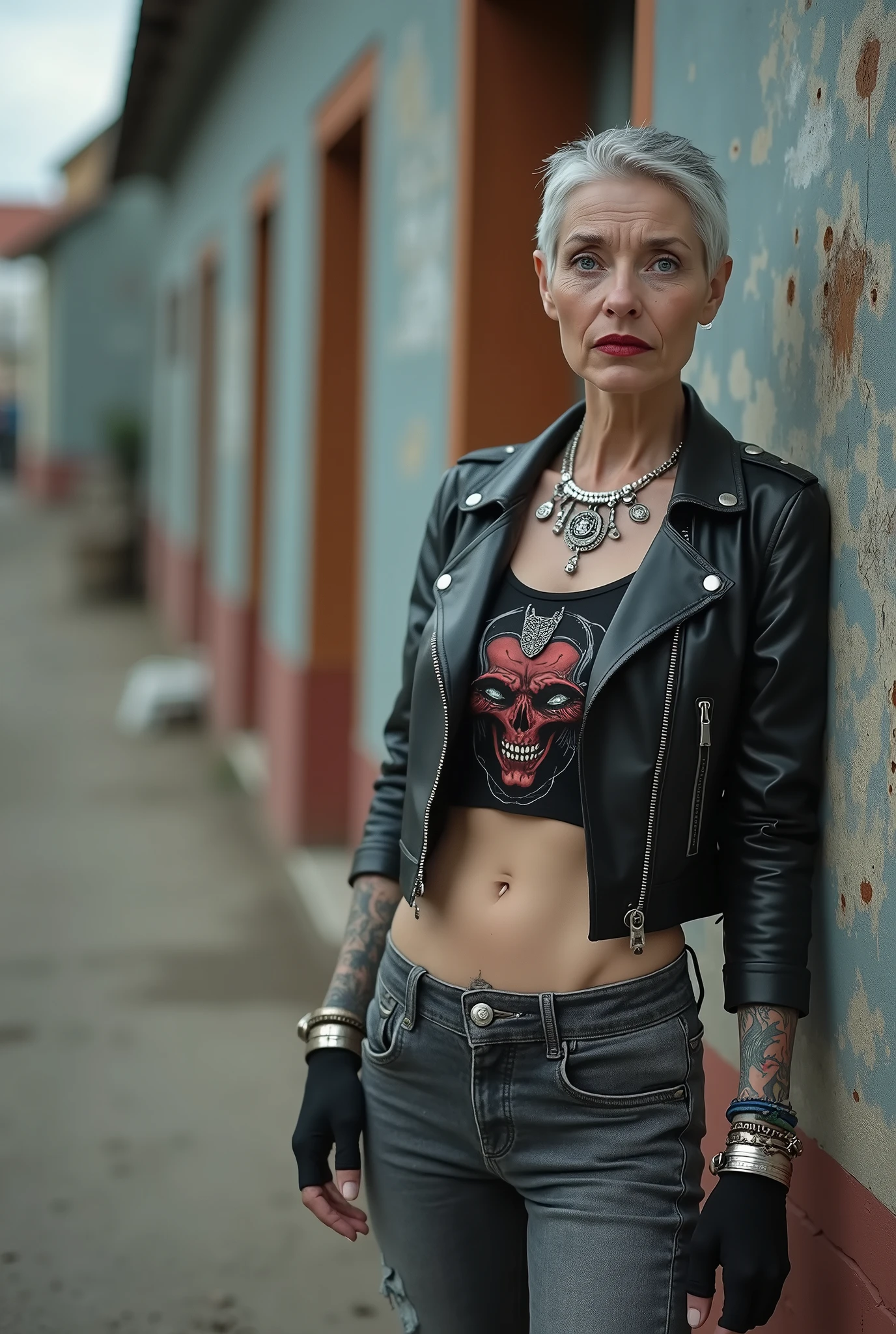 russian old milf woman, biker gang member, short grey hair (combed back with hair gel) with very light blue eyes, extremely pale, heavy eye shadows. Thin. Sad, humbled face, smeared excessive make up and smeared excessive dark red lipstick Wearing cropped black moto jacket, black cropped t-shirt with devil logo, skinny black jeans and white tennis sneakers. Lots of metallic bracelets. pentacle pendants. Tacky wide belt with massive skull and bones buckle . Tattoed. Piercing in belly button. Lots of rings and ethnic bracelets. Wide loop earrings. Looks at the camera in shame. Toned abs, long neck, thin arms and legs
