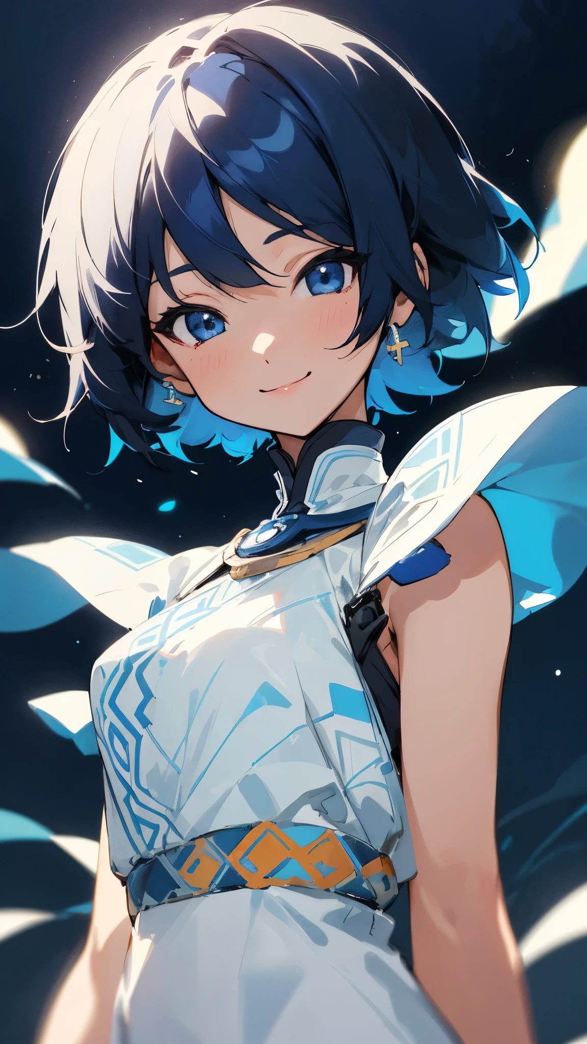 1 Female、solo、short hair、Dark blue hair、blue eyes、smile、Upper body close-up、White dress with ethnic pattern、Line art、Park under the moonlight、Background Blur