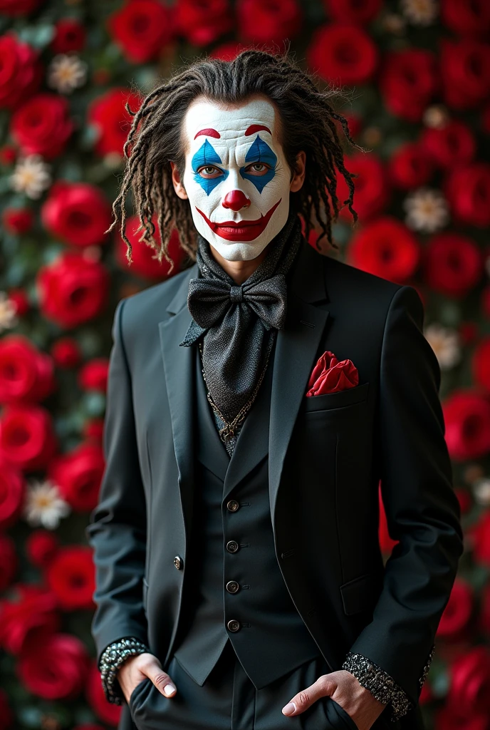 clown , seriously, posh, wearing suit, aristocratic, silver elements, hairdresser, hair up, braid and loose, messy, haughty, absurd, detailed suit, royaltly, celebration, Salon decorated with black and red flowers, (best quality), (Artwork), (highy detailed), (4K)