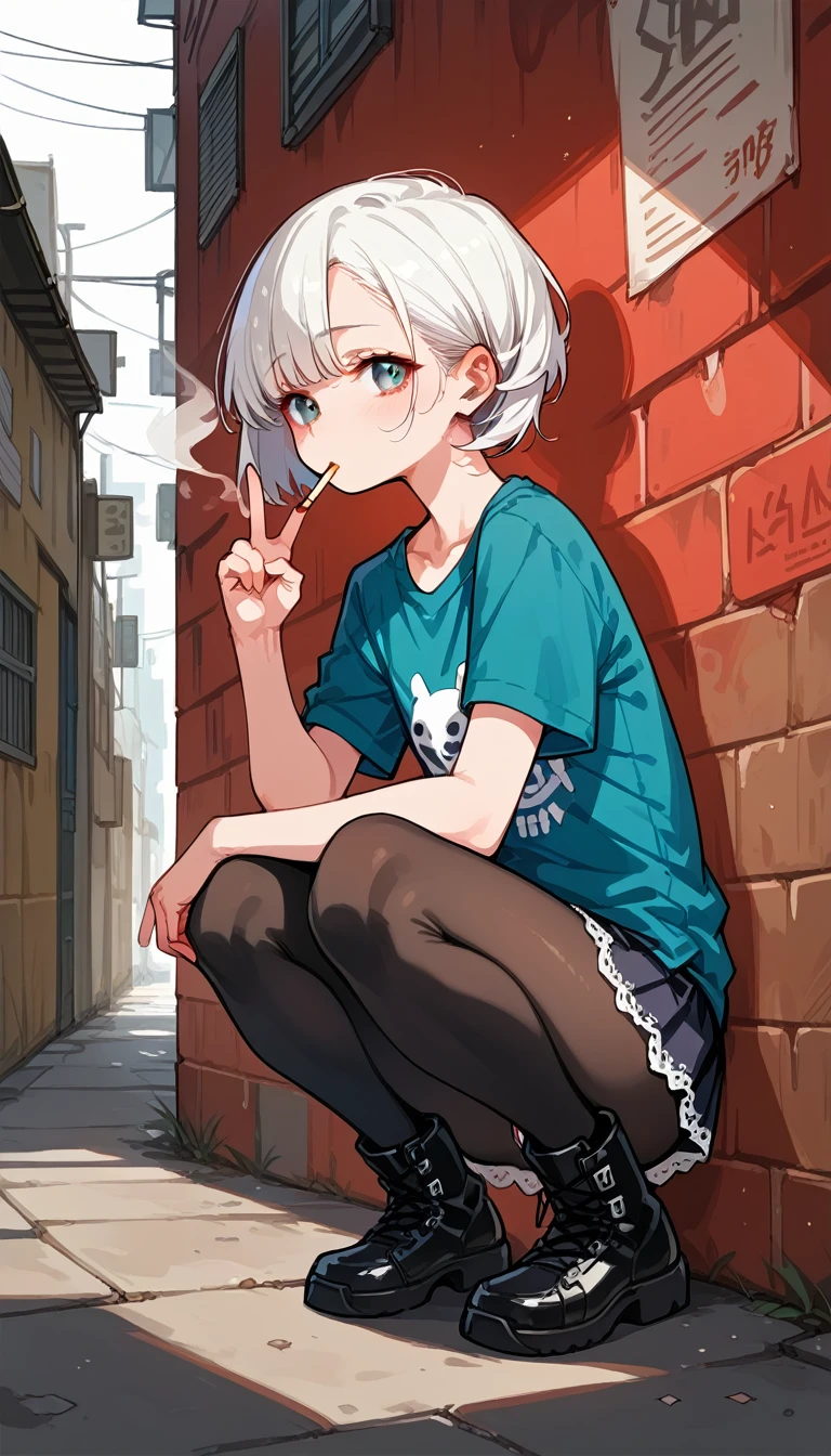 1girl, solo, Alley, squatting, usu with elbows on knees, smoking in one's mouth, Lazy expression, V-neck T-shirts, mini skirt, visible panties, flat chest, black pantyhose, white lace-up boots, ((looking out)), aidxlv05_neg