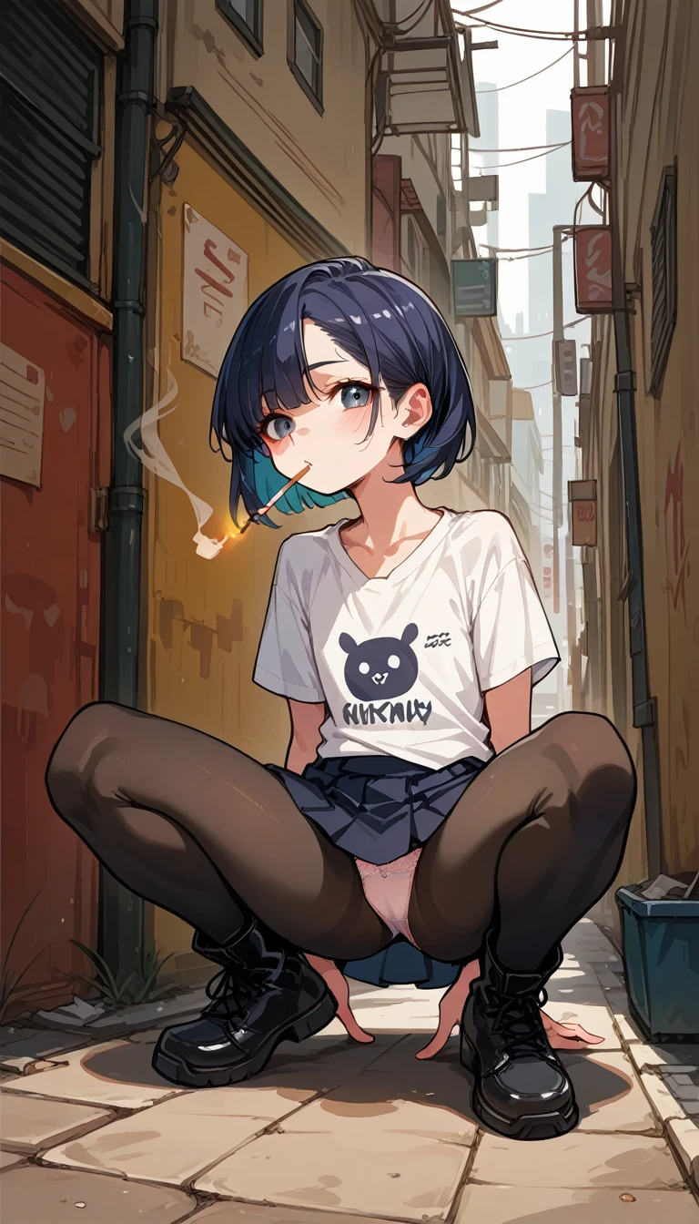 1girl, solo, Alley, squatting, usu with elbows on knees, smoking in one's mouth, Lazy expression, V-neck T-shirts, mini skirt, visible panties, flat chest, black pantyhose, white lace-up boots, ((looking out)), aidxlv05_neg