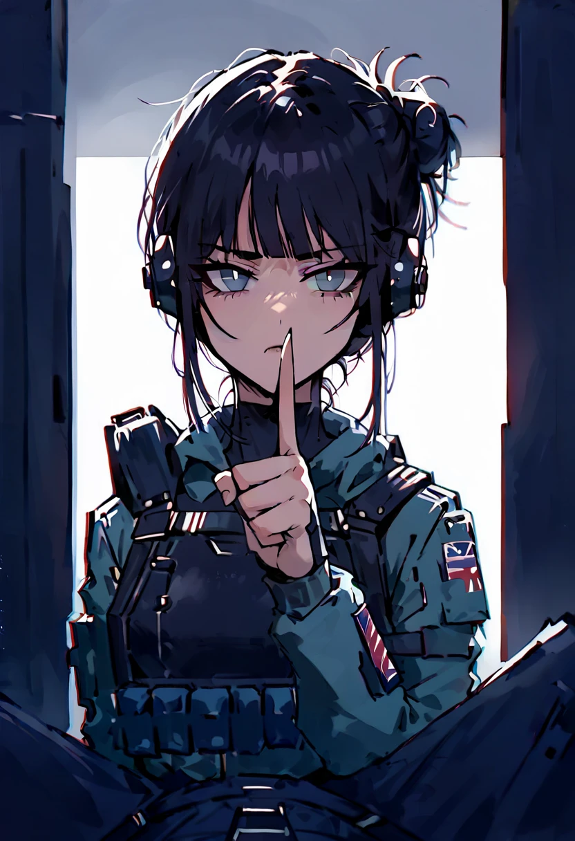 score_9, score_8_up,score_7_up, pov sitting atop of viewer, steamy, female Special Ops in black tactical tight sexy stealth suit, cowgirl pose, headphones, shushing gesture pointing finger, serious expression, messy bun with dark hair, low-key lighting, empty dark millitary base,