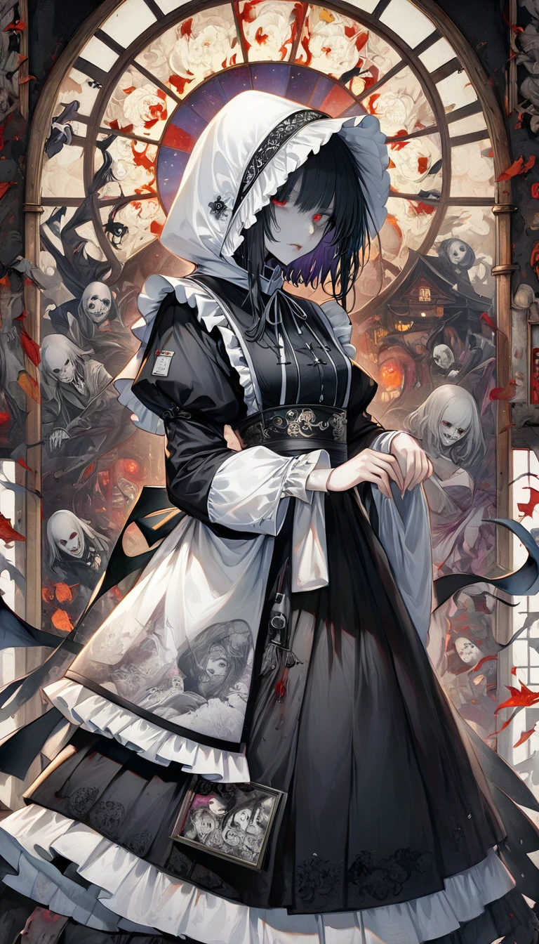 fusion of watercolors and oil paintings, fusion of paper cutting and shadow puppetry, mix of Japanese painting, ukiyo-e and woodblock prints, mix of monochrome and color, beautiful maid, the most luxurious, gorgeous, beautiful and wonderful maid outfit with lace frills, long ruffle skirt, robe, hood, Gothic, Romanesque, Baroque, Renaissance, Rococo, Art Nouveau, Northern Renaissance style, dark fantasy, cursed grim reaper maid with downcast face, hell's mansion, stained glass, horror effects, conceptual installation art, (ultra detailed, absolutely resolution, best quality:1.3), 2.5D, delicate and dynamic, artistic, hyper, graphic CG digital art