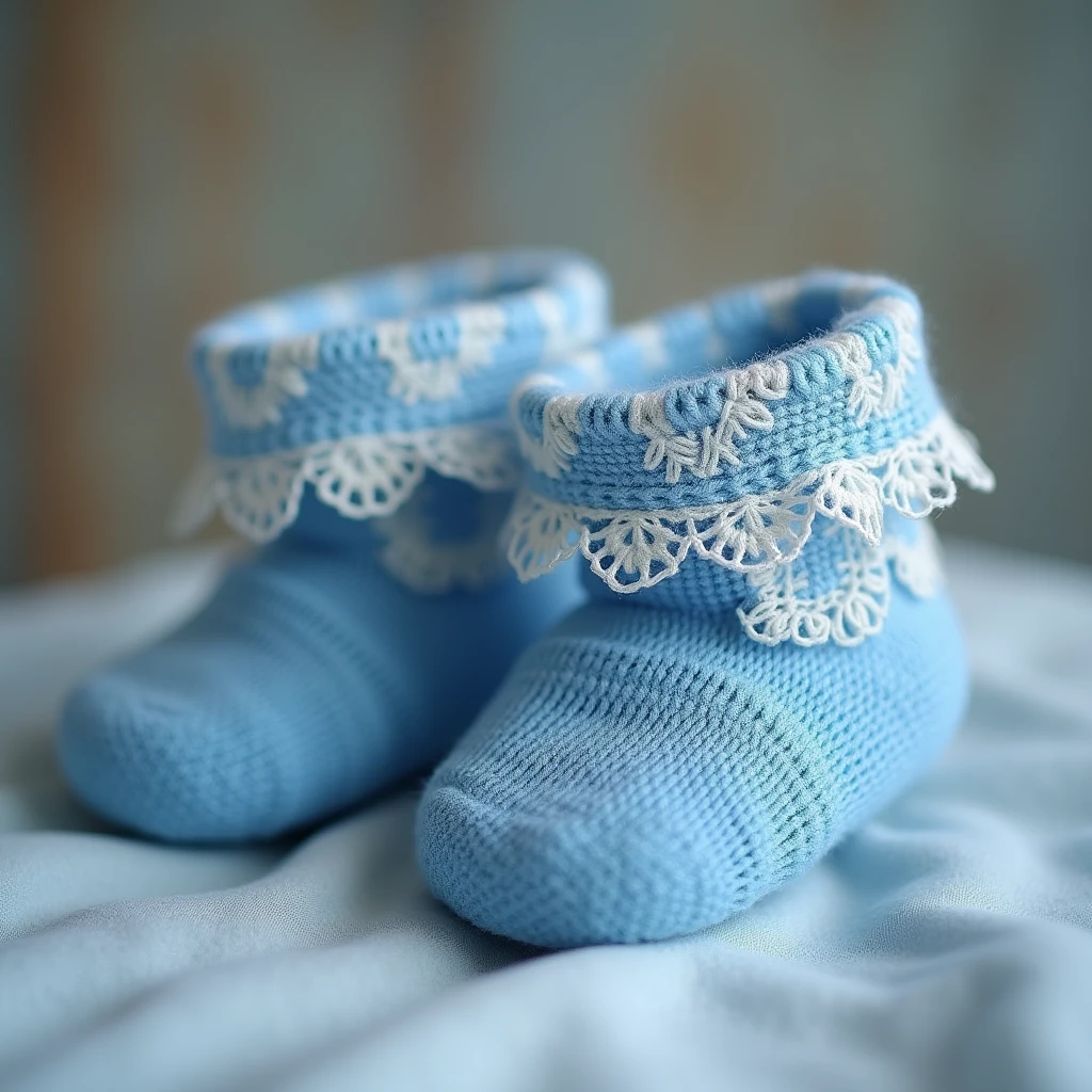 Booties, for newborns blue lace , Permission, photo realistic, 8k, depth of field,
