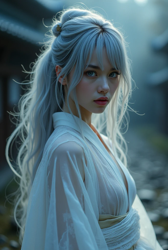 Shinigami has a haunting beauty, with shifting grey and silver hair that reflects the twilight between life and death. Her pale, almost white eyes give her an enigmatic gaze, while her kimono, in pale, ghost-like colors, is slightly transparent, revealing glimpses of her fair, flawless skin. Her lips are a soft, pale pink, and her expression is one of calm detachment, embodying the delicate balance between life and death with an eerie, yet subtle, eroticism.