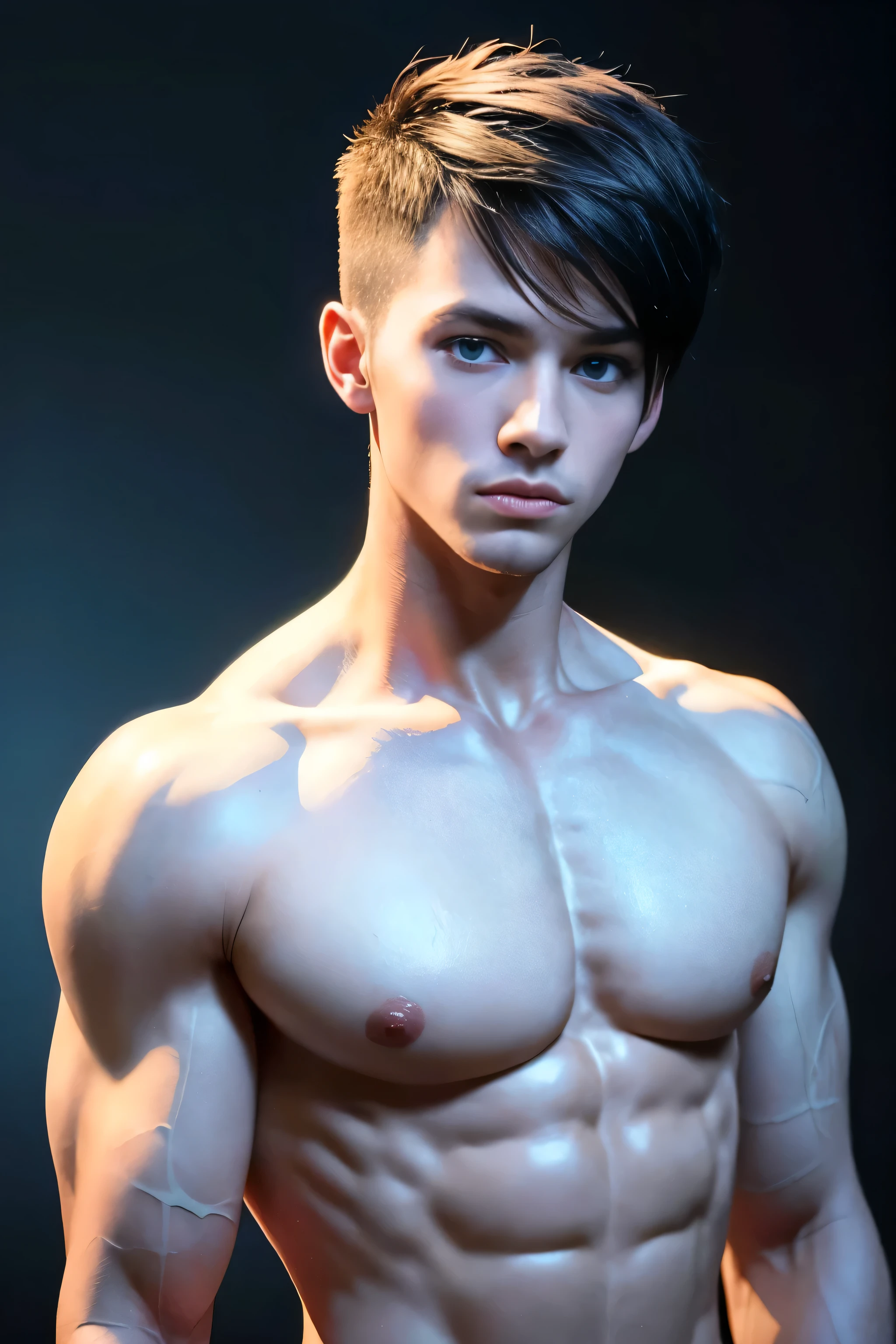 Muscular dude,8K Ultra HD resolution,short hair,short hair,Fashionable and avant-garde hair style,buzz clip,The chest muscles are full,abdominal muscles,rough real skin,naked,Sexy and charming expression,blue eyes,Gloomy eyes,Background cathedral