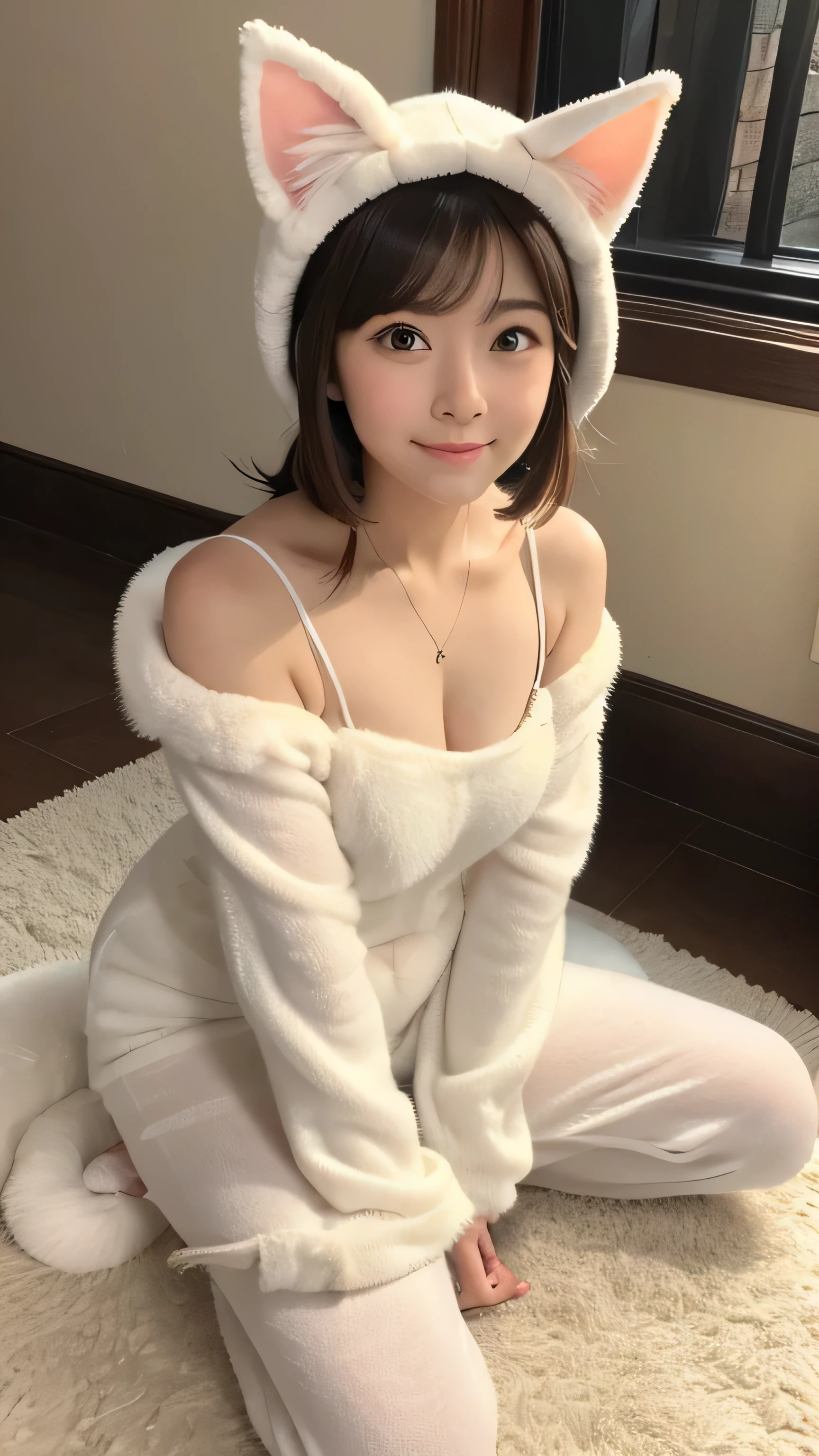 "Create an ultra-realistic depiction of an adorable domestic cat wearing a cat costume. The cat is sitting on a cozy, warm-toned living room rug, with a soft, evening light filtering in from a window in the background. The cat's costume is fluffy and plush, resembling a larger, cartoon-like cat, complete with big, round eyes and a cute, exaggerated nose. The real cat's wide, curious eyes peek out from the costume, adding to the overall cuteness. The setting is homely and inviting, with warm lighting that enhances the cat's fur and the softness of the costume."