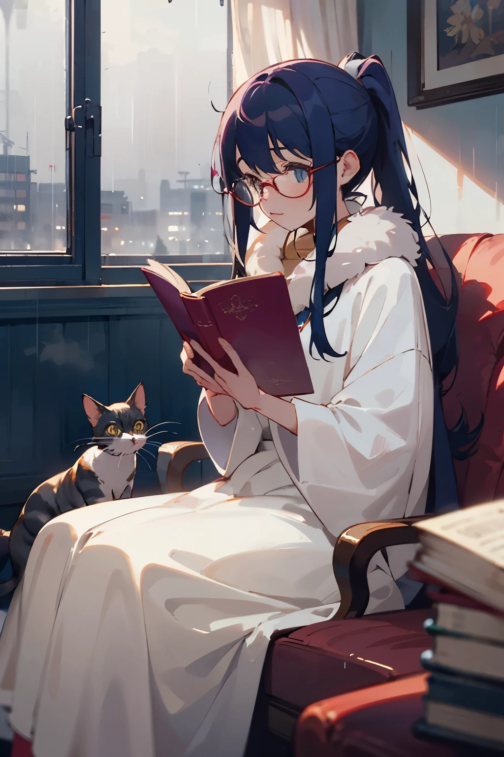 A whimsical anime-inspired scene: a bespectacled girl cozied up with a book, her long hair tied back in a ponytail as she becomes one with the story. Rain drizzles outside the window behind her, casting a misty veil over the urban landscape. Two curious cats, their fur fluffed by the rain, sit nearby, their tails twitching in unison as they seem to dance to the rhythm of the girl's reading.