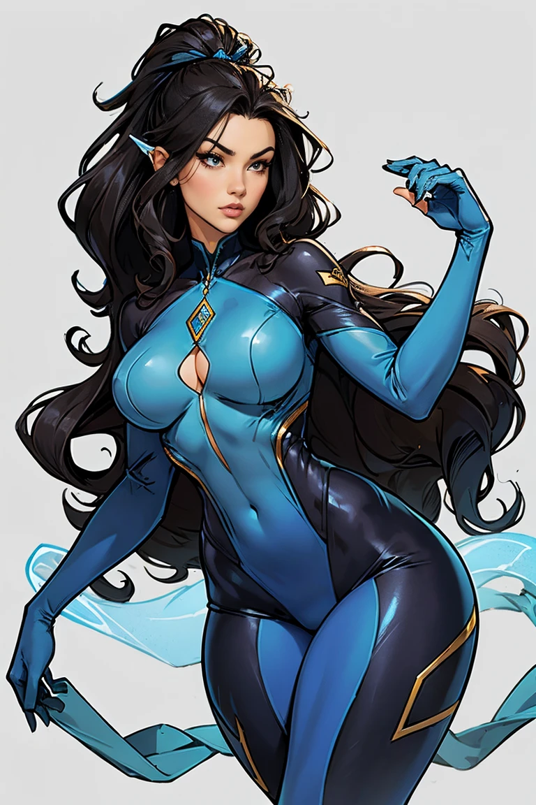 dark haired, wavyhair, lean physique, Waist slender, slender, graceful, bunda fitness, ((flowing hair)), ((transparent blue suits), a nuclear wind sorceress.