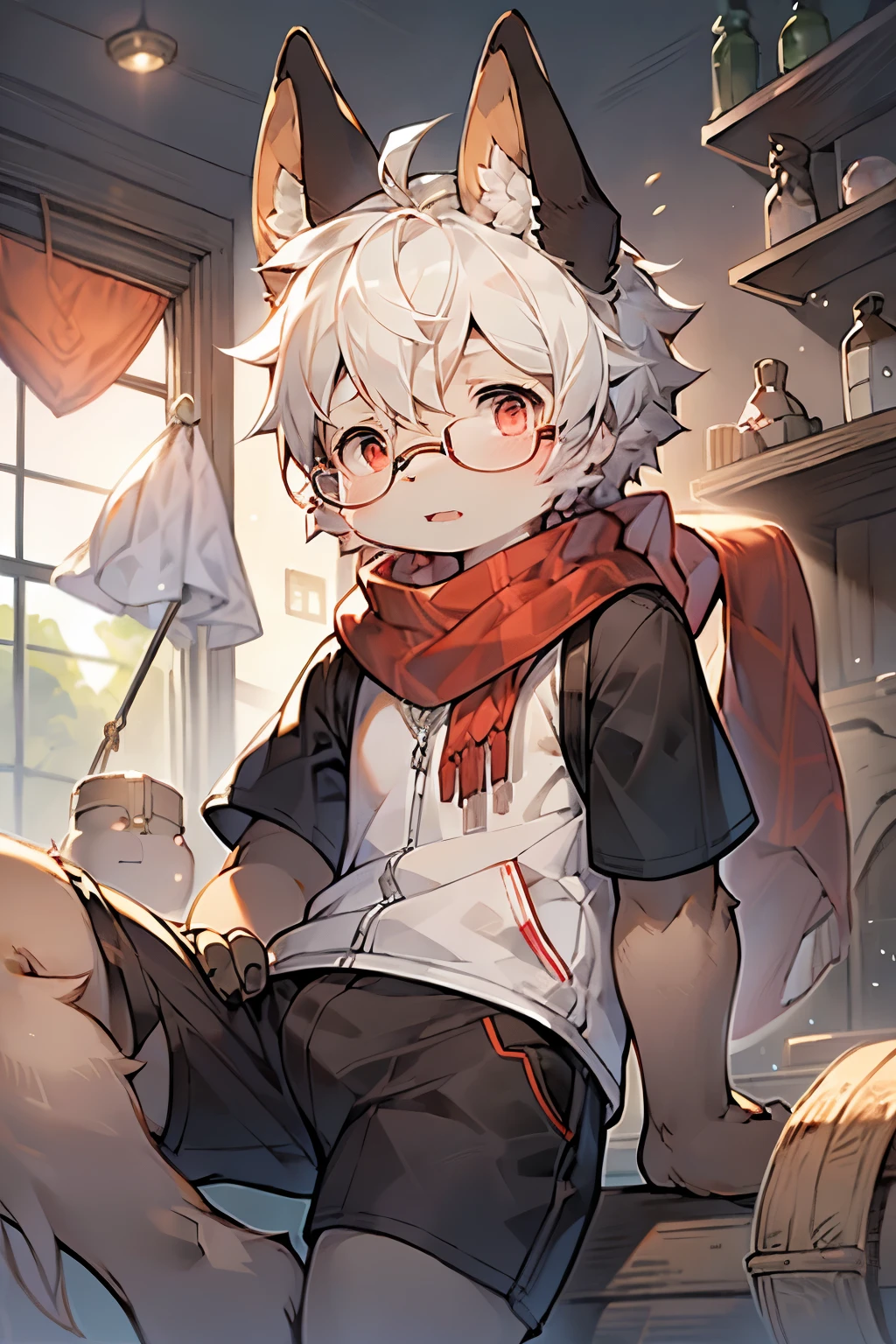 masterpiece,high quality,Black dwarf rabbit boy,Bunny ears,Furry boys, characteristics,Red pupil,Dark Skin,brown arms,White hair,Glasses,scarf,Short sleeve,shorts,