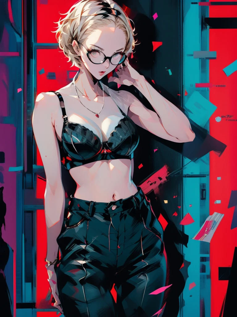 in the art style of persona5, (masterpiece:1.2, highest quality), (Realistic, photoRealistic:1.4), Beautiful illustrations, (Natural Side Lighting, Cinema Lighting), Written boundary depth, Beautiful thighs staring at the viewer, 1 female, 30-year-old, alone, thin, slender, (small breasts), short Hair, straight Hair, Forehead, Forehead, Forehead, Forehead, thin, slender, glasses, lingerie, (white bra), (((She wears sexy bra))), Skinny black pants, Are standing, (((glasses)))