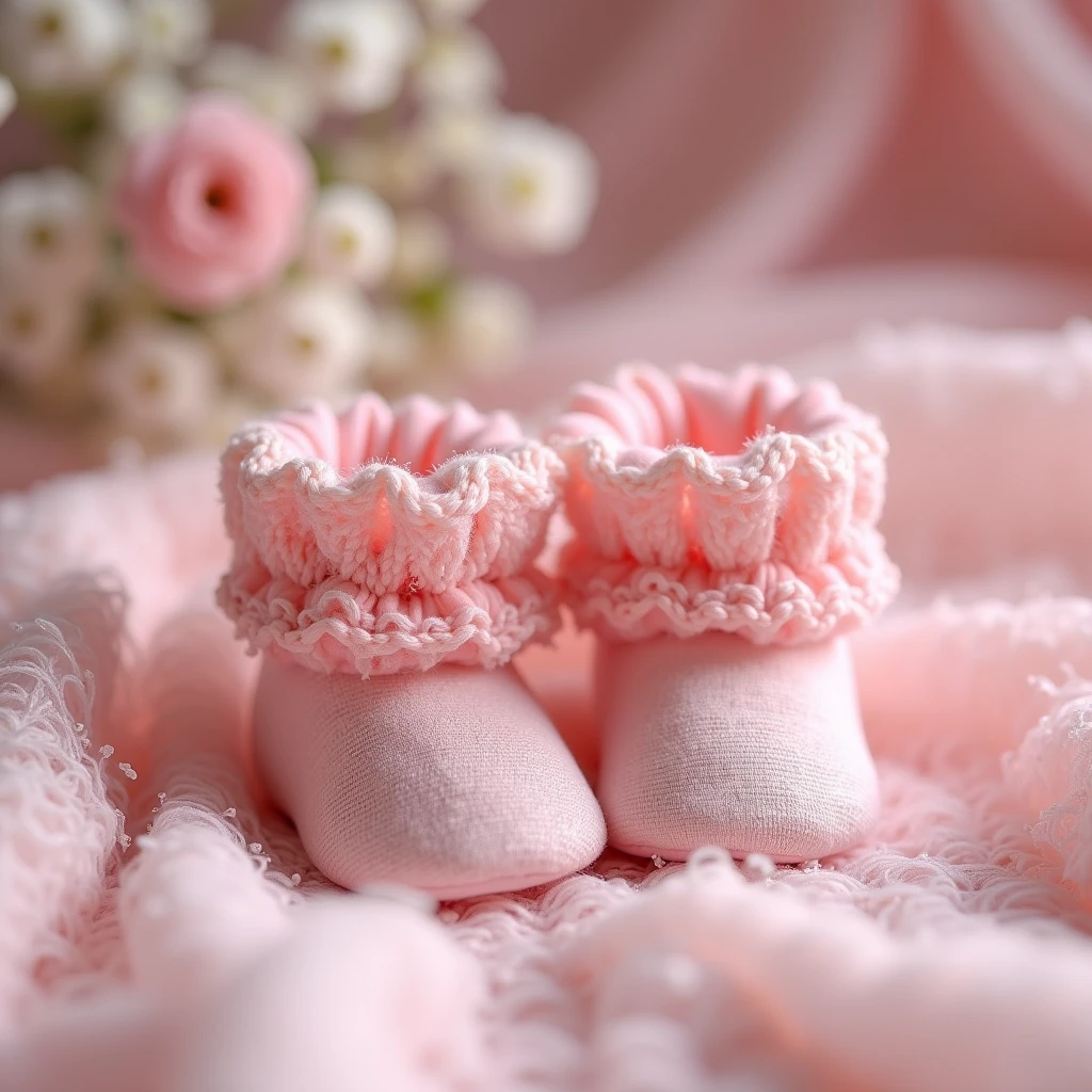 Booties, pink for newborns, very lacy , airy beautiful, Permission, photo realistic, 8k, depth of field,