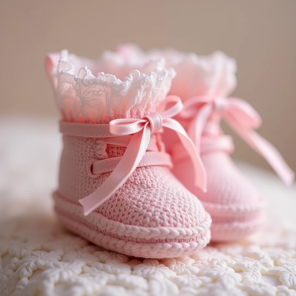 Booties, pink for newborns, very lacy ,  airy beautiful, Permission, photo realistic, 8k, depth of field, 