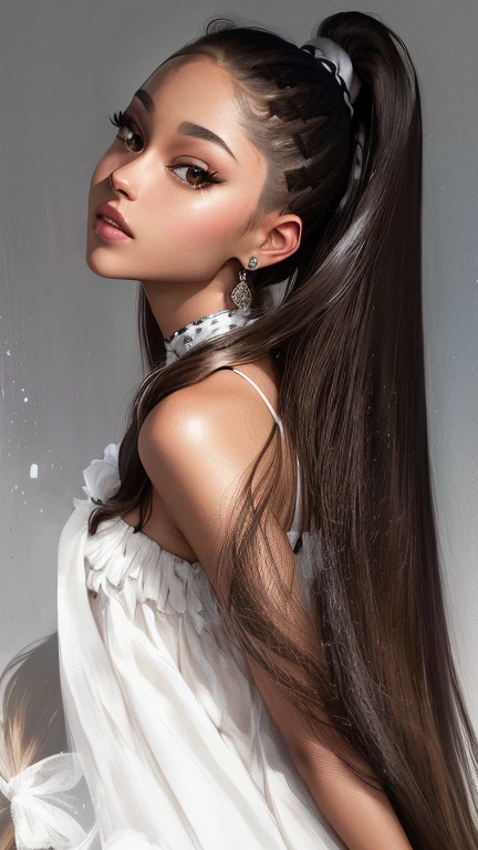 ariana grande, arafed image of a woman with long hair and a white dress, portrait of ariana grande, brown hair in a ponytail, ariana grande photography, ariana grande, long ponytail, brown long and straight hair, long black hair in a ponytail, long sleek tail behind, hair in slick low ponytail, long hair with a ponytail, brown colored long hair, portrait of zendaya