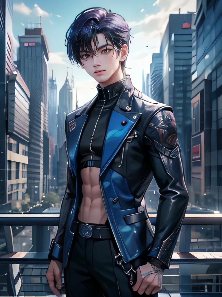 Describe the striking features of the Korean boy in sharp HD graphics, with his piercing blue eyes and chiseled jawline, wearing a stylish, modern outfit that accentuates his lean physique. His short, violet hair is styled in a contemporary way, giving him an air of confidence and charm as he stands against a vibrant cityscape backdrop.