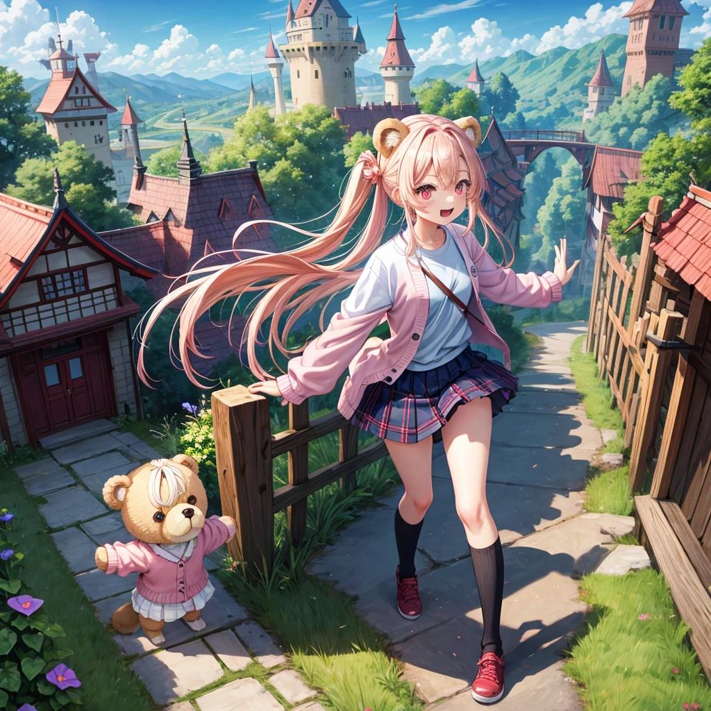 Pink Blonde、Red eyes、Hair tied up、Two cute、Checked mini skirt、black t-shirts、cardigan、Knee-high socks、bear ears baseball cap、Teeth are visible、Monster Castle、Tilting face、crossing the bridge、hazakura、windmill、grass、Stones are growing out of the ground.、impregnable、A teddy bear is walking、Morning glory is blooming.