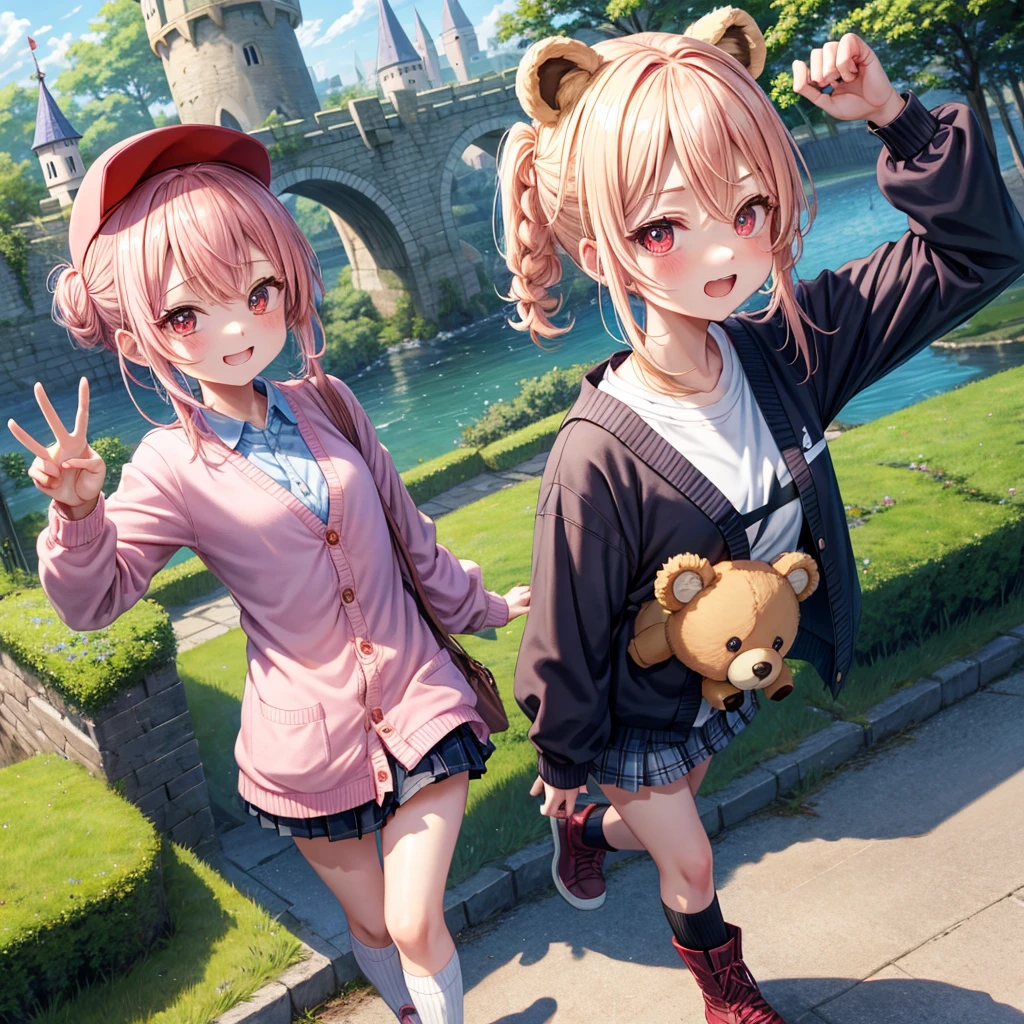 Pink Blonde、Red eyes、Hair tied up、Two cute、Checked mini skirt、black t-shirts、cardigan、Knee-high socks、bear ears baseball cap、Teeth are visible、Monster Castle、Tilting face、crossing the bridge、hazakura、windmill、grass、Stones are growing out of the ground.、impregnable、A teddy bear is walking、Morning glory is blooming.