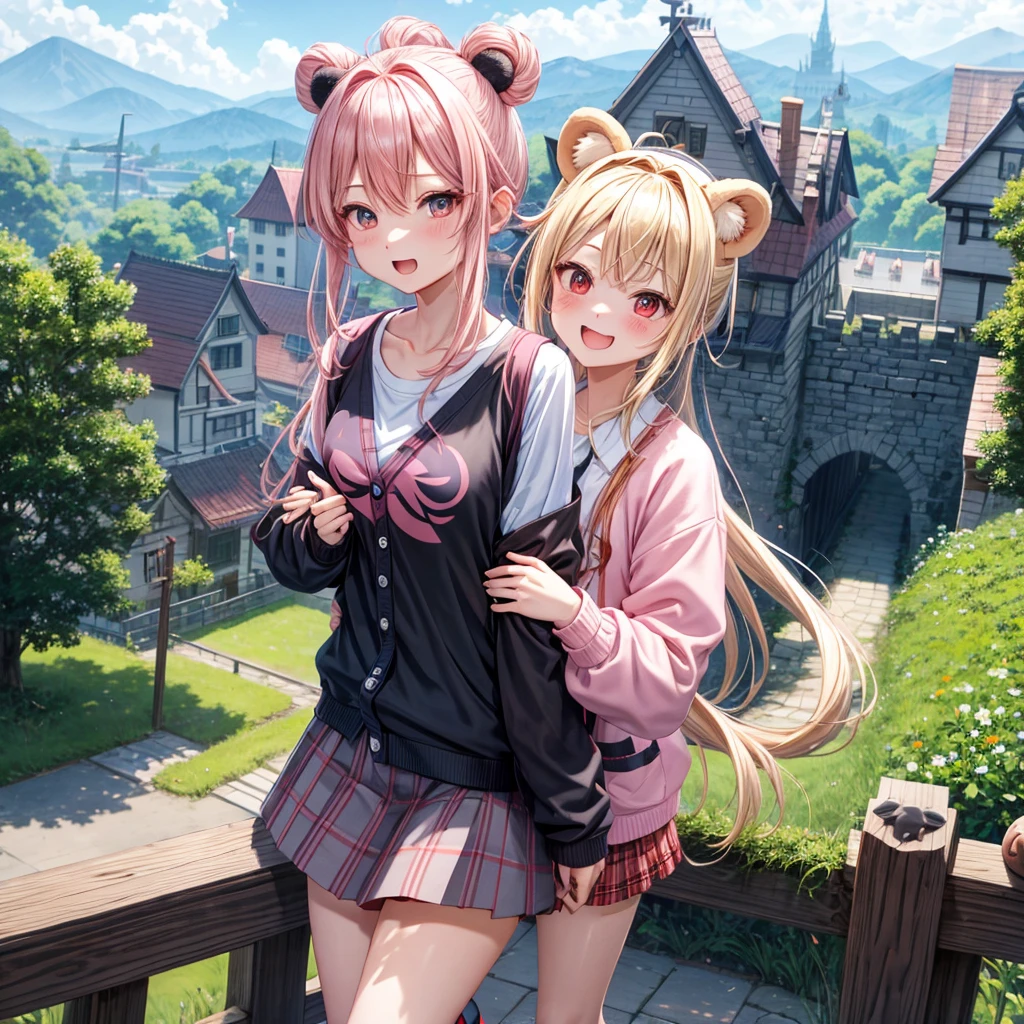 Pink Blonde、Red eyes、Hair tied up、Two cute、Checked mini skirt、black t-shirts、cardigan、Knee-high socks、bear ears baseball cap、Teeth are visible、Monster Castle、Tilting face、crossing the bridge、hazakura、windmill、grass、Stones are growing out of the ground.、impregnable、A teddy bear is walking、Morning glory is blooming.