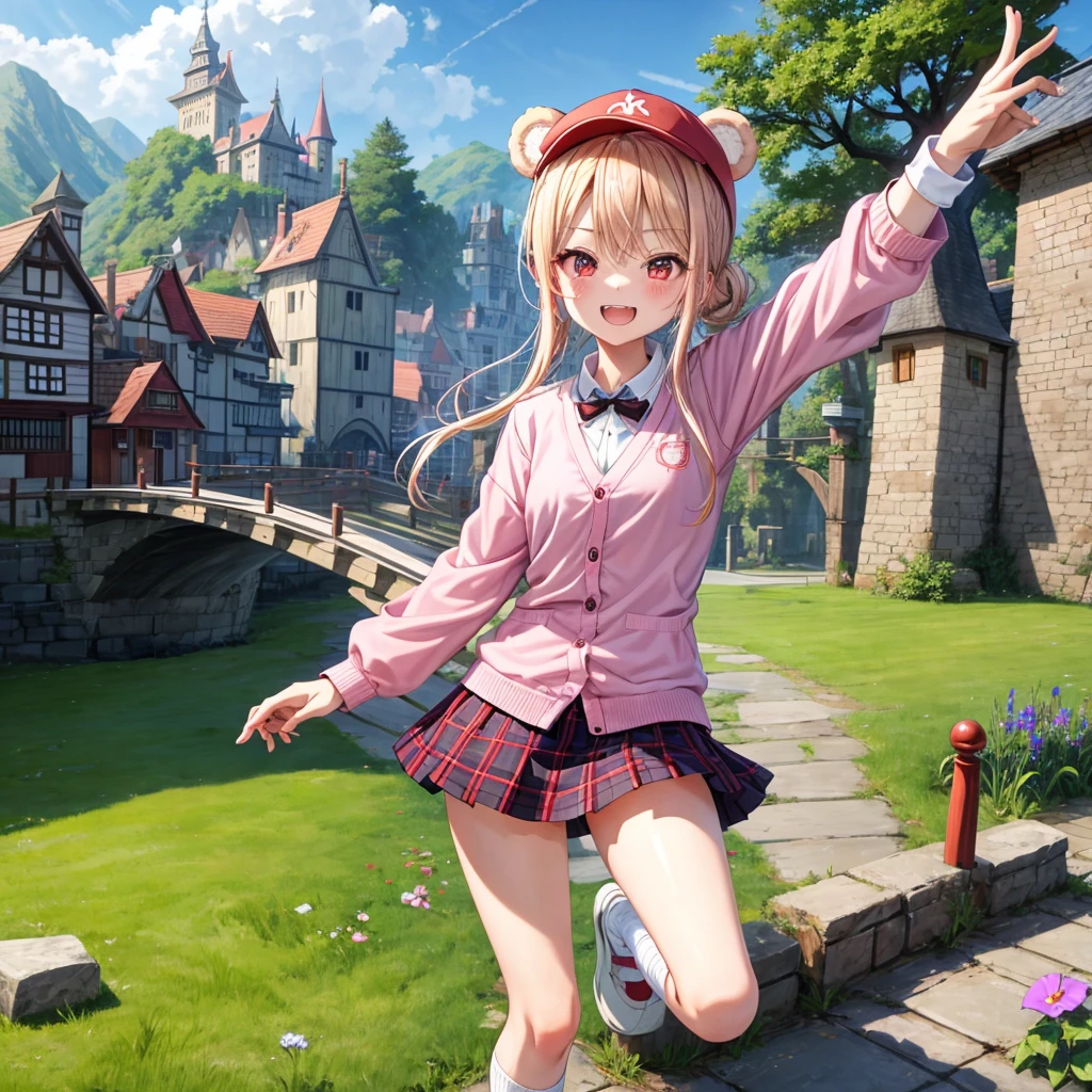 Pink Blonde、Red eyes、Hair tied up、Two cute、Checked mini skirt、black t-shirts、cardigan、Knee-high socks、bear ears baseball cap、Teeth are visible、Monster Castle、Tilting face、crossing the bridge、hazakura、windmill、grass、Stones are growing out of the ground.、impregnable、A teddy bear is walking、Morning glory is blooming.