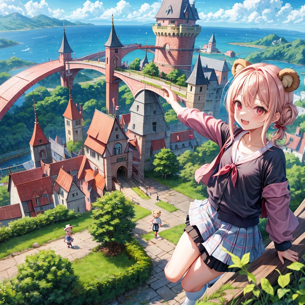 Pink Blonde、Red eyes、Hair tied up、Two cute、Checked mini skirt、black t-shirts、cardigan、Knee-high socks、bear ears baseball cap、Teeth are visible、Monster Castle、Tilting face、crossing the bridge、hazakura、windmill、grass、Stones are growing out of the ground.、impregnable、A teddy bear is walking、Morning glory is blooming.