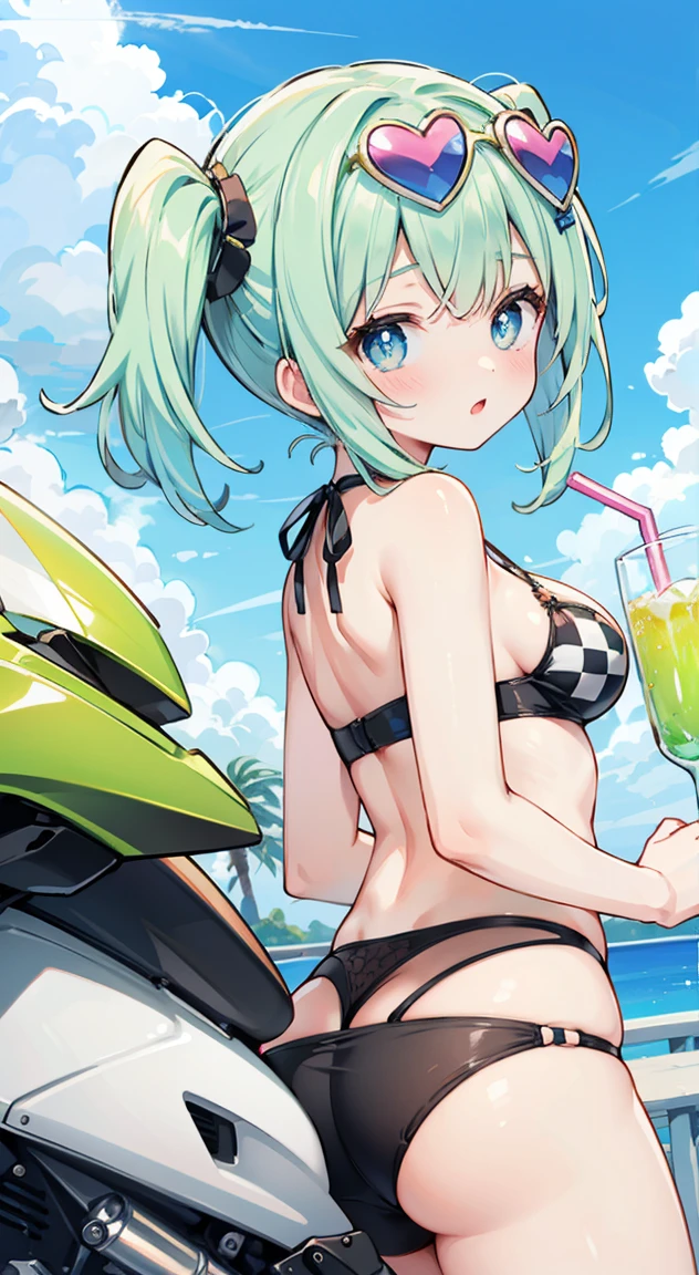 Side tie panties,,masterpiece, Highest quality, (anime screencap:1.3),(shape), cute,(Simple:1), (anime:1.2),Solo Sharp Focus, 1 girl, Cleavage,Looking at the audience, (Kawasaki ZX-10R,from side,whole Motorcycle Limegreen),Are standing,best kawasaki,(Browsing Caution:1.2),Colorful Bikini,Beautiful Hair,Horizontal stripes,heart shaped pupils,Checkered bra, Checkered panties,(Vivid and detailed Tropical drink 1.1),cute eyes,Puffy eyes,Seductive pose,Shining Face,Large Breasts,Twin tail hair,heart shaped sunglasses on head,Hilarious